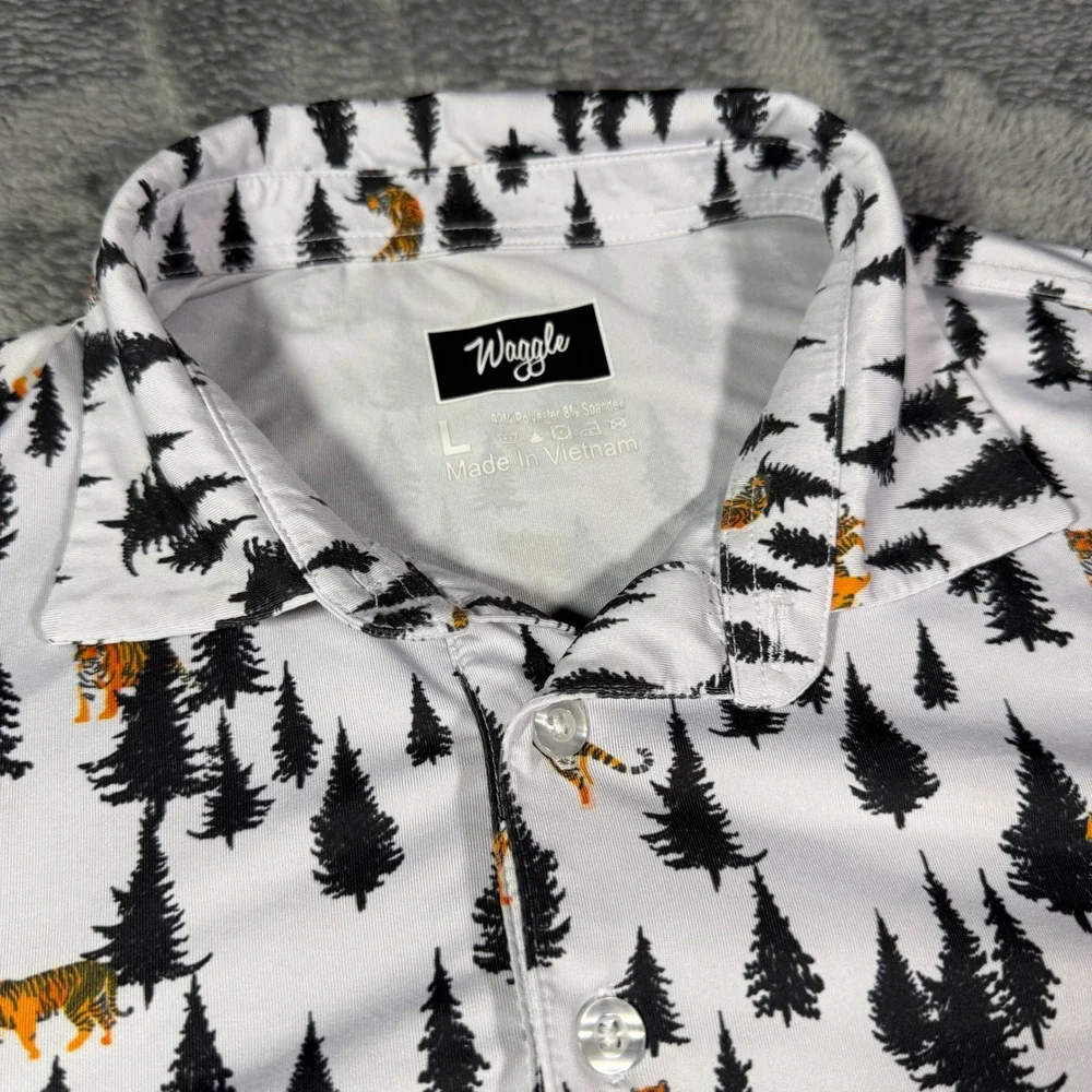Waggle Mens Golf Polo Shirt White Tiger Pine Tree Print Performance Stretch L - Picture 3 of 6